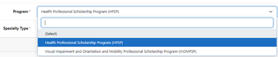 Form shows selection of HPSP specialty type